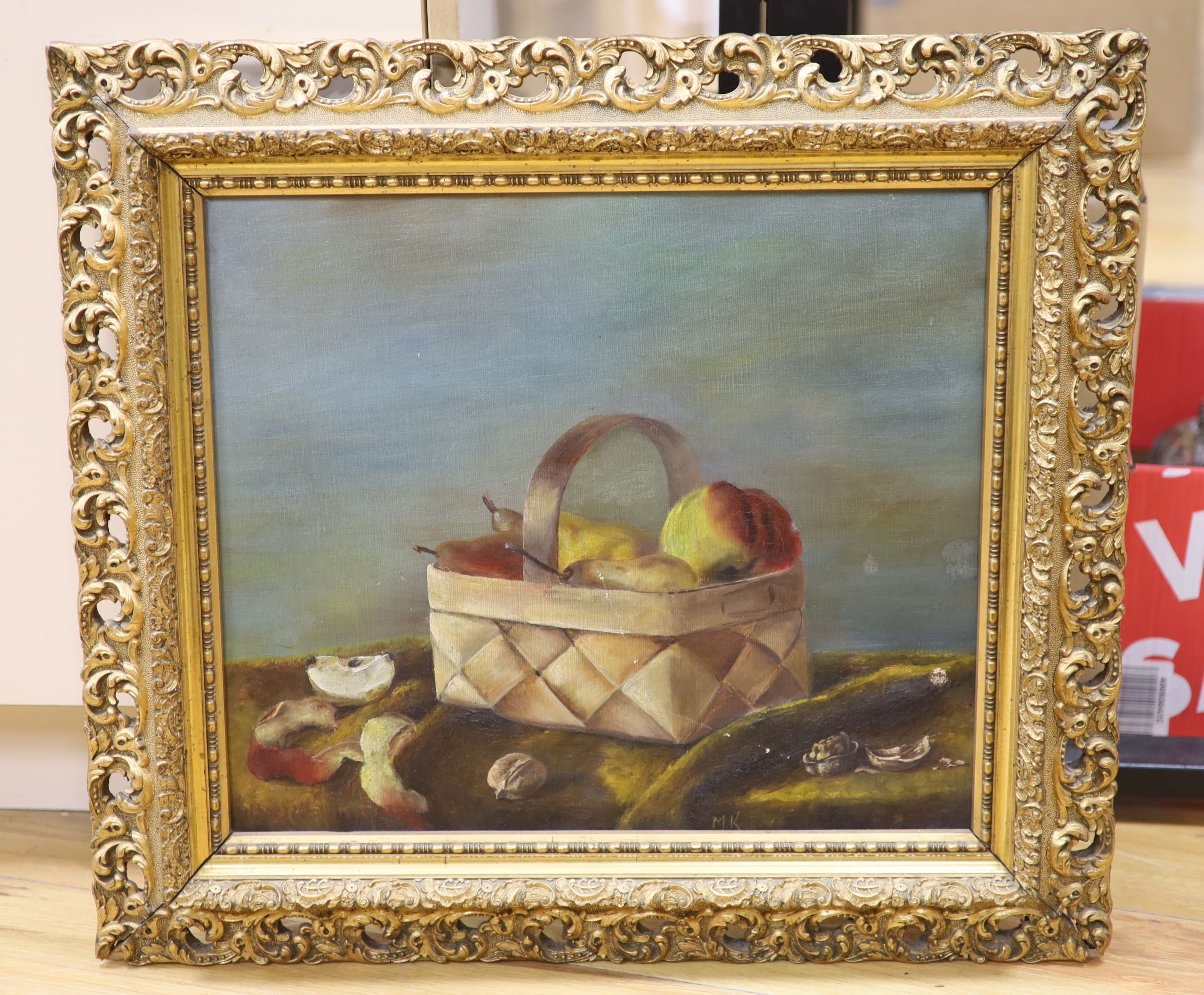 Early 20th century English School, oil on canvas, Still life of pears in a basket, initialled MK, 38 x 45cm